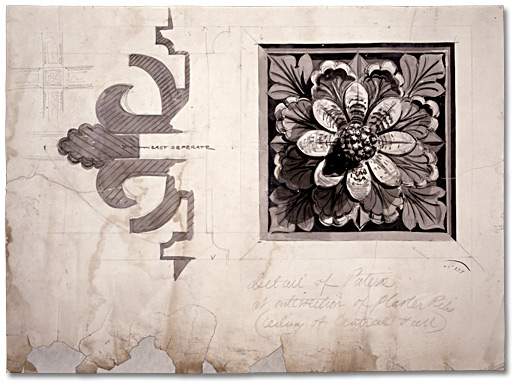 Dessin : Détail de patère à l’intersection de nervures de plâtre (plafond du hall central), [vers 1860]