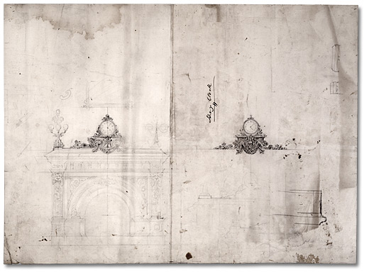 Dessin : Osgoode Hall : croquis au crayon d’un foyer et d’une horloge [vers 1860] 