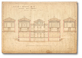 Dessin : Osgoode Hall, section sur la ligne du plan I-K [vers 1856-1859]