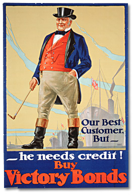 Affiche des emprunts de la victoire représentant John Bull vêtu d’un chapeau haut de forme, d’une queue-de-pie et de culottes 