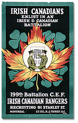 Affiche de recrutement pour les Canadiens d’origine irlandaise représentant deux soldats au centre d’une feuille d’érable entourée de trèfles 
