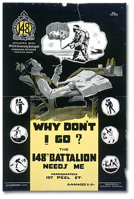 Affiche de recrutement représentant un civil assis, s’imaginant au combat  