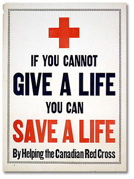Affiche blanche avec une croix rouge appelant à soutenir la CroixRouge 