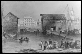Photograph of a painting showing a Toronto harbour scene at the foot of Church Street, 1850