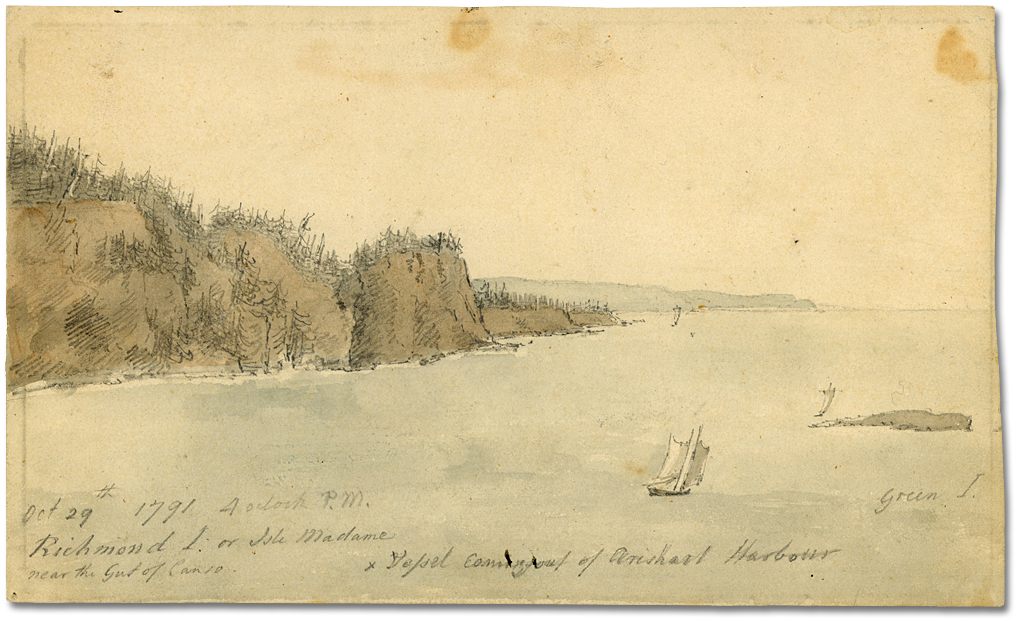 Watercolour: October 29th 1792, 4 o'clock P.M. Richmond I or Isle Madame near the Gut of Canso. Vessel coming out of Arishart Harbour [Newfoundland], 1791