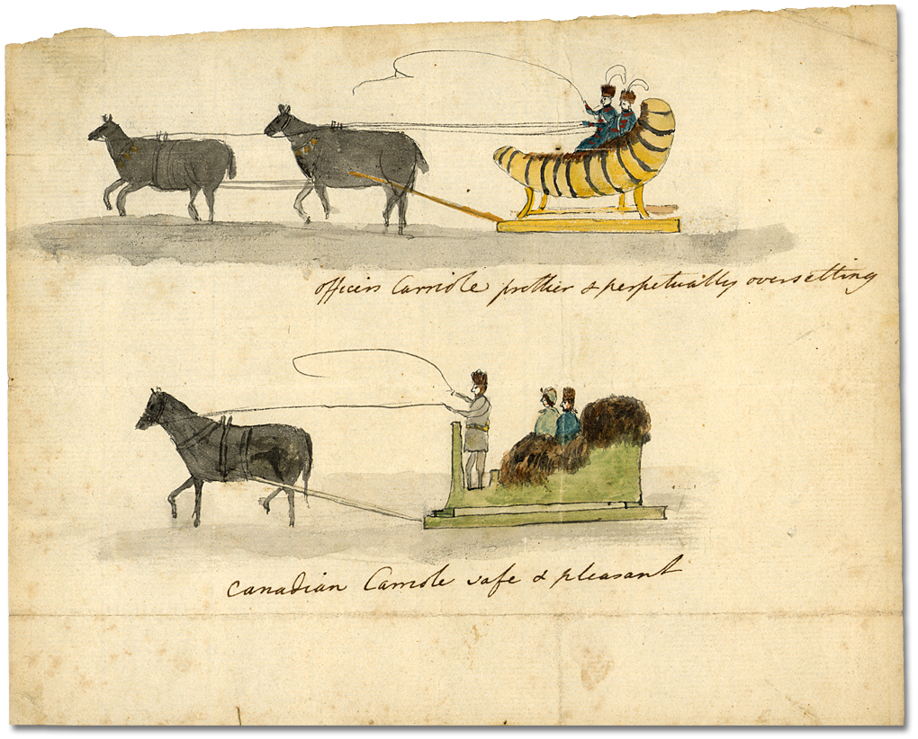 Watercolour: Officers Carriole [prettier and perpetually over setting]; Canadian carriole [safe and pleasant], [ca. 1792]