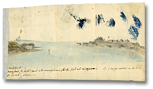 Watercolour: Navy Hall, the part is the canvas house b) The fort at Niagara c) A large arbour in the HiIl d) Toronto Shore, [ca. 1793] (detail)