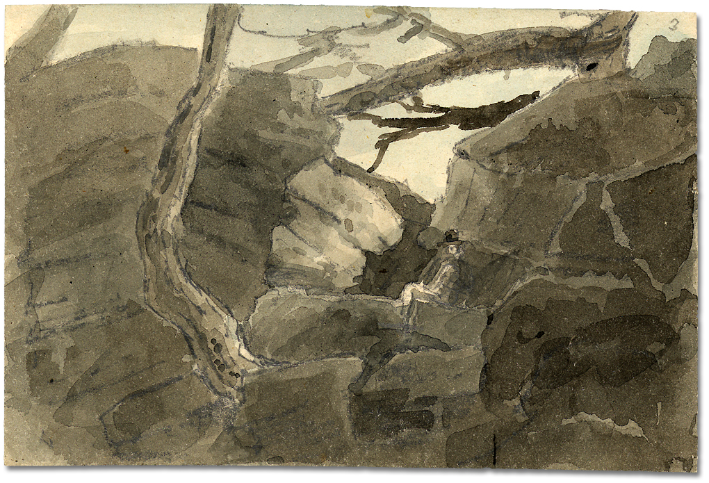 Watercolour: Near the 40 Mile Creek rocks where the wolves descend to the plain below, June 9, 1796