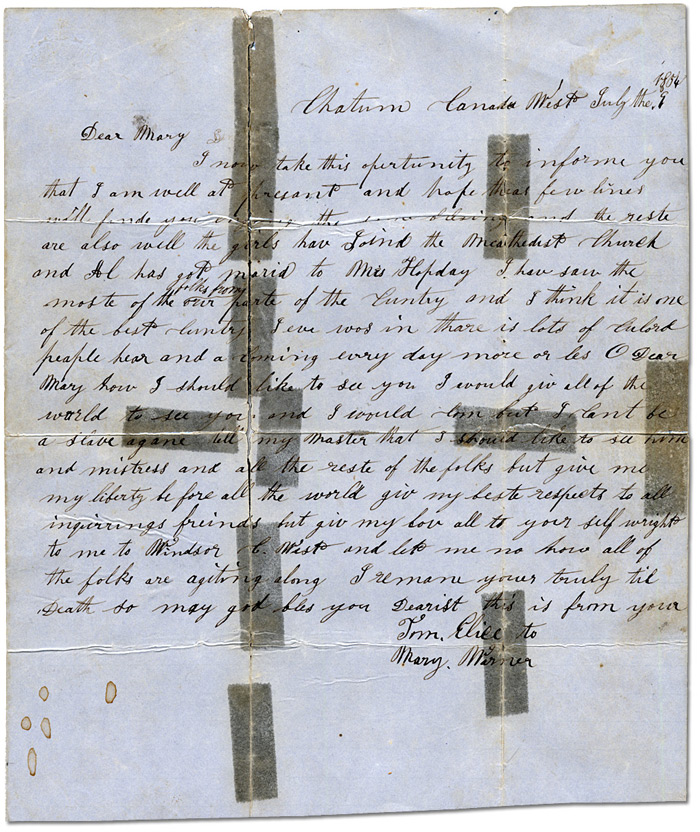 Letter from Tom Elice to Mary Warner dated July 9, 1854