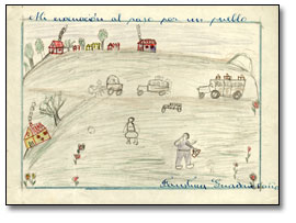 Drawing: "Mi evacuación al paso par un pueblo" (My evacuation passes by a village), [between 1936 and 1939], Spain