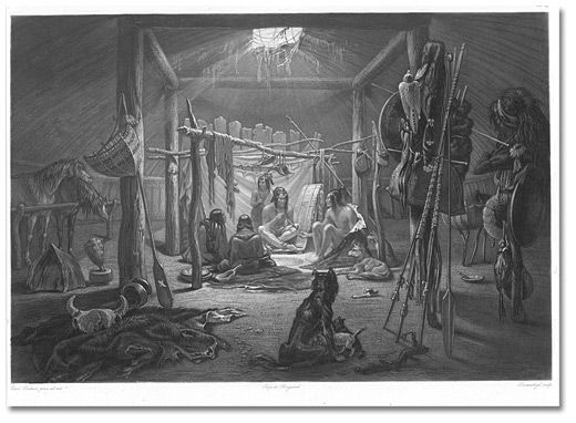 Aquarelle : Intérieur de la hutte d’un chef mandan, [vers 1832]