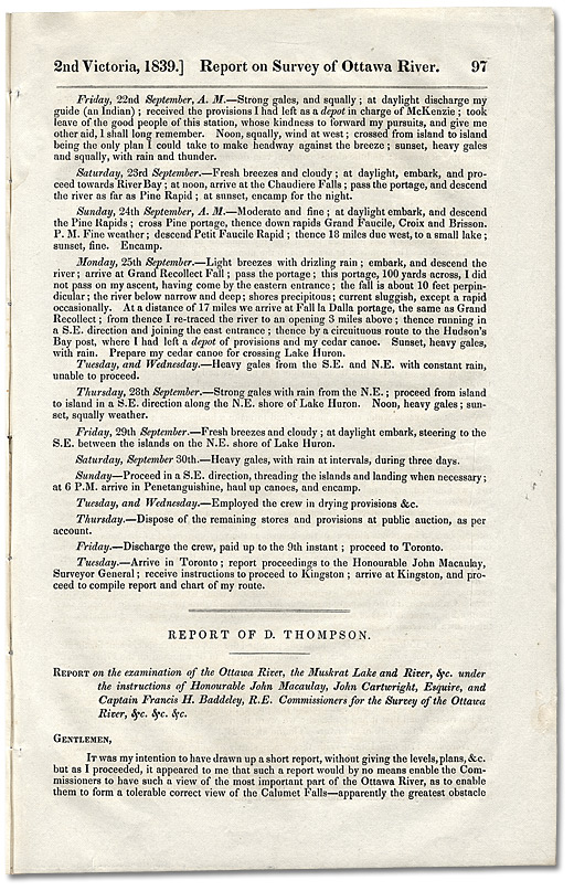 Rapport de D. Thompson concernant l’étude de la rivière des Outaouais, du lac et de la rivière Muskrat et des environs, 1839
