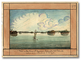 Aquarelle : Vue du fleuve Saint Laurent, avec les Mille Îles et Brockville, 1830