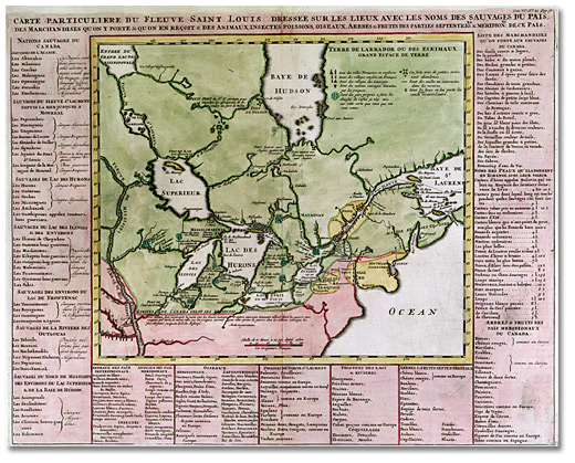 Carte particulière du Fleuve Saint Louis dressée sur les lieux avec les noms des sauvages du païs, des marchandises qu'on y porte & qu'on en reçoit & des animaux, insectes, poissons, oiseaux, arbres & fruits des parties septentrionales et méridionales de ce païs, [ca. 1719]