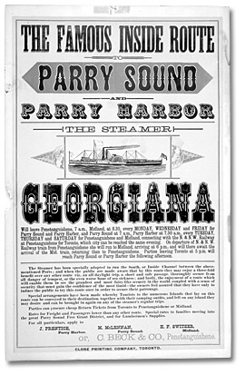 Poster: Steamer Georgiana running between Penatanguishine and Midland, Parry Sound and Harbour, [ca. 1879]