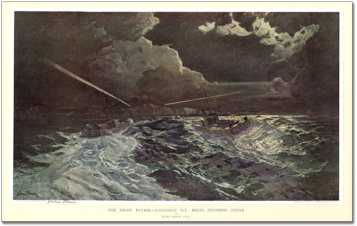 The Night Patrol - Canadian M.L. boats entering Dover, [vers 1915] d'après Julius Olsson, A.R.A.
