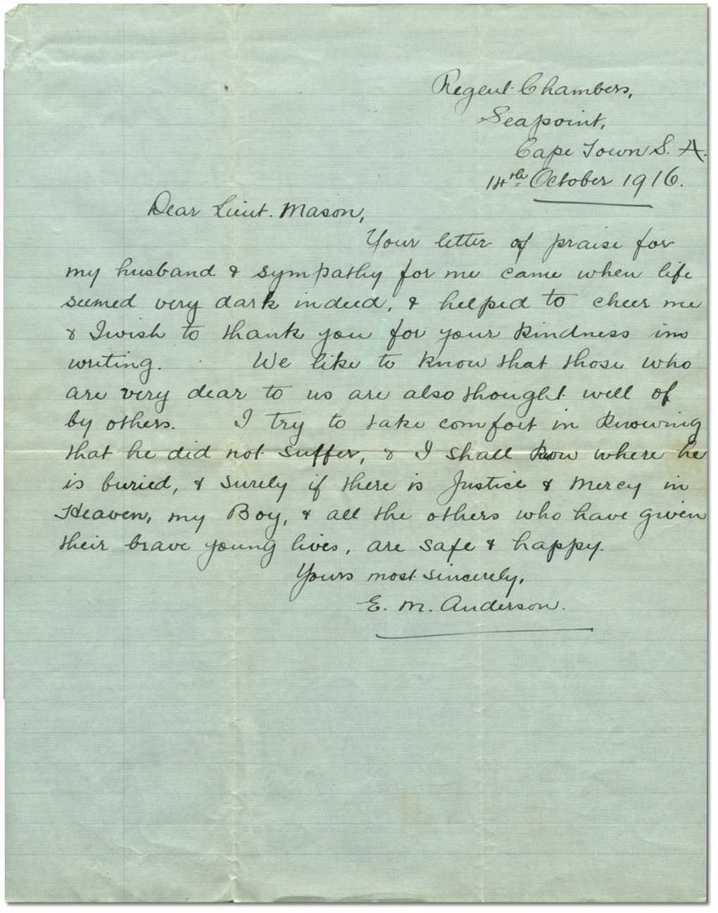 Lettre de E.M. Anderson à Harry Mason, le 14 octobre 1916