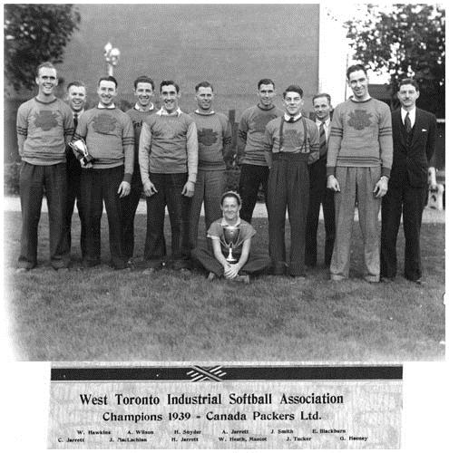 Canada Packers team portrait as West Toronto Industrial Softball League Champions, 1939