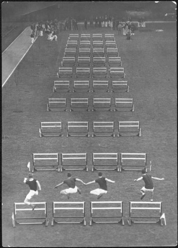 Hurdle race, with unidentified Penman family member third from the right, 1929