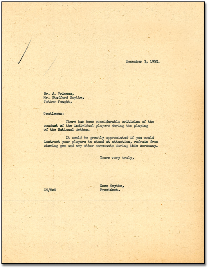 Memo from Conn Smythe directing coaches to prohibit the chewing of gum during the national anthem, December 3, 1952