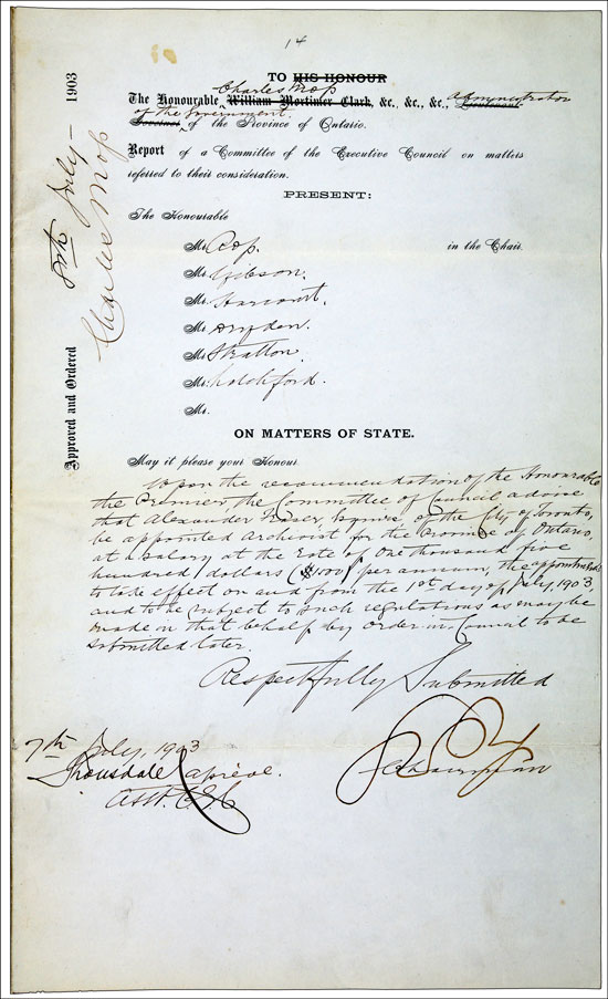 Order-in-Council appointing Alexander Fraser, Archivist of Ontario, July 8, 1903
