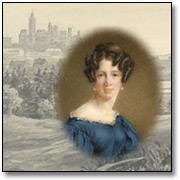 Montage graphic of a self-portrait Anne Langton painted on ivory combined with a sketch of the skyline of Ottawa