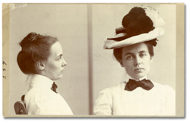 Two photographs of Lillie Williams (alias Harrington), a housekeeper who was arrested on “suspicion” of an unidentified crime.
The camera captured her evocative expression on August 11, 1901 (2000.28.141)