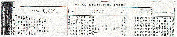 Detail of a small section of a birth index page to illustrate the various columns on the form