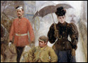 Détail d'une peinture à l'huile montrant un soldat, un jeune garçon et une femme avec un parapluie, marchant sous la pluie