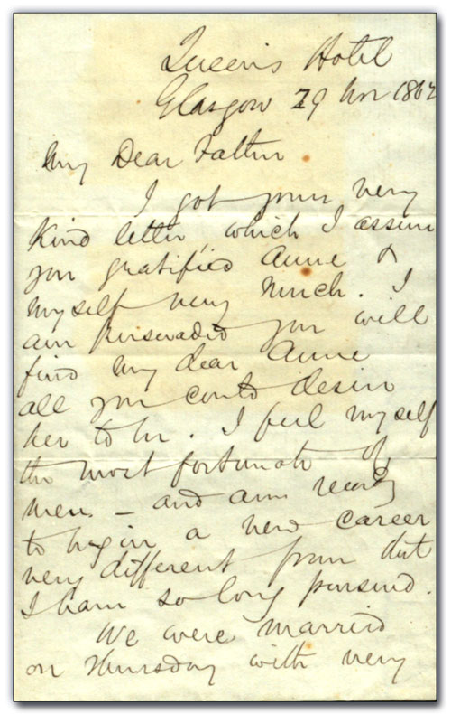 Lettre de George Brown à Peter Brown (père de George), 29 novembre 1862