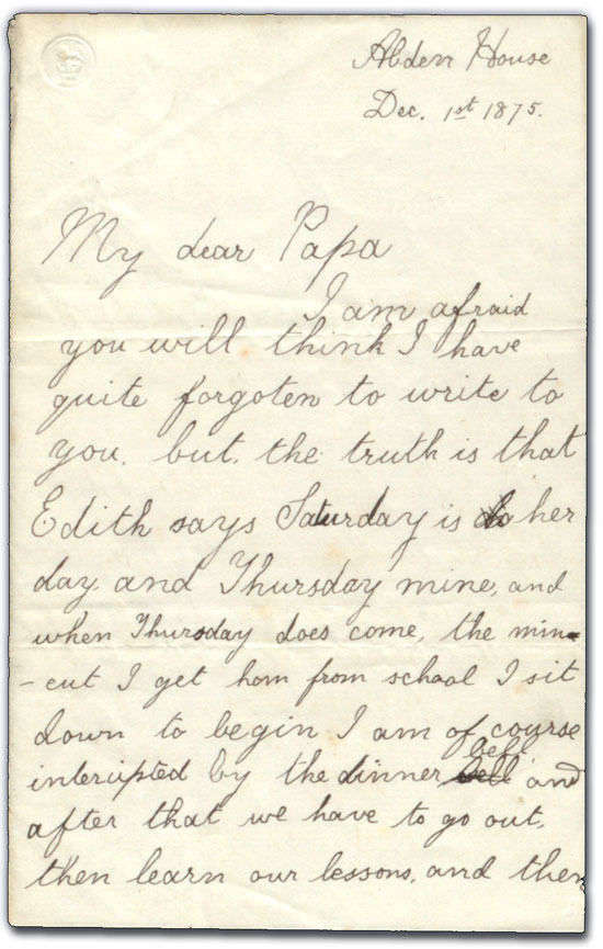 Lettre de Margaret « Maggie » Brown à George Brown, 1 décembre 1875