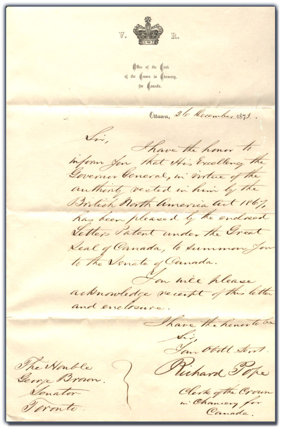 Lettre de Richard Pope à George Brown, 26 décembre 1873