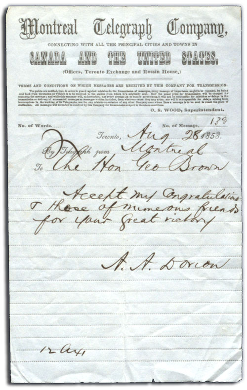 Télégramme d’A.A. Dorion à George Brown, 