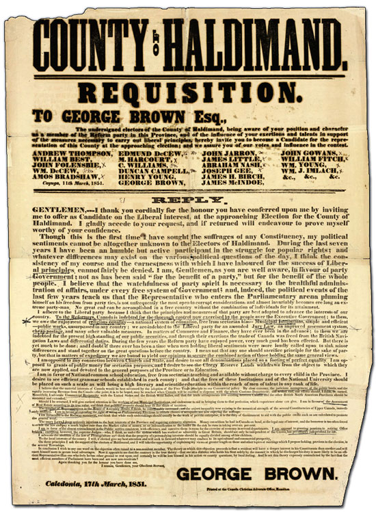 Affiche de sollicitation de candidature de George Brown, comté de Haldimand, 1851