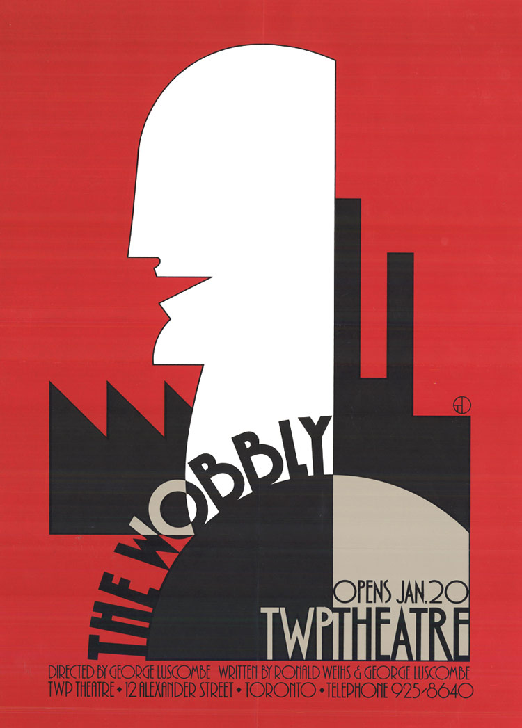 Affiche pour The Wobbly des Toronto Workshop Productions, 1983. Profil d’un visage géométrique blanc au centre