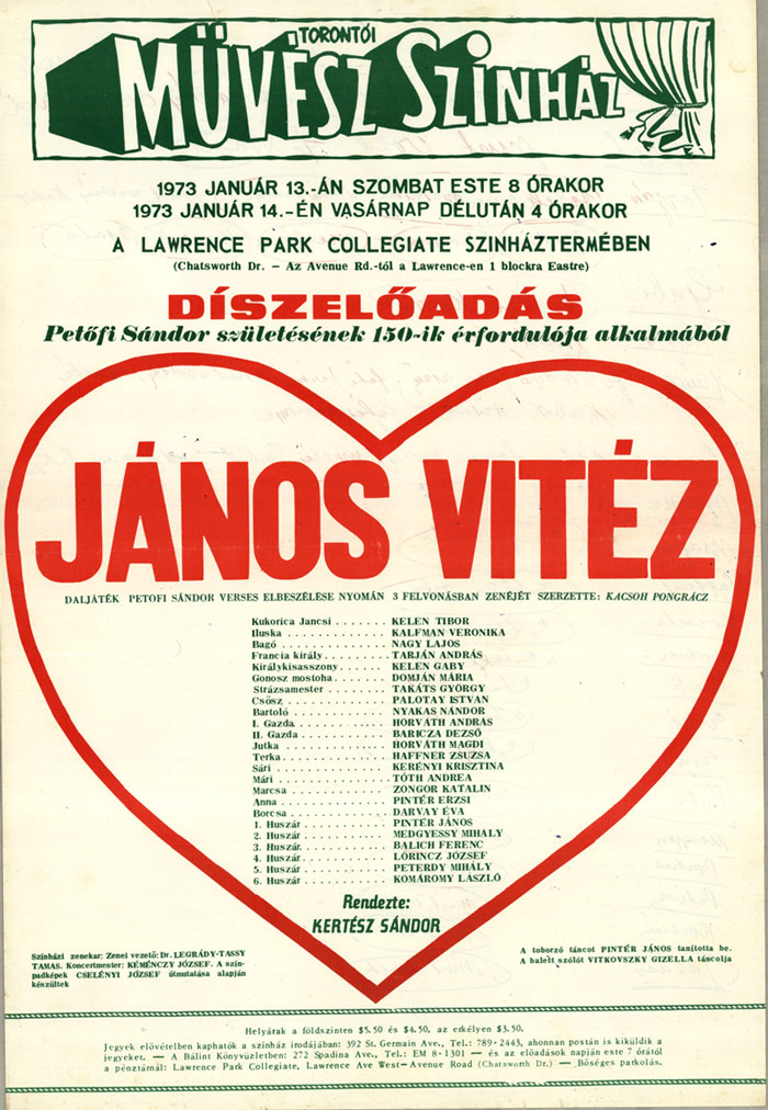 Affiche avec texte en hongrois annonçant la comédie musicale János Vitéz du Hungarian Art Theatre, Toronto, 1973
