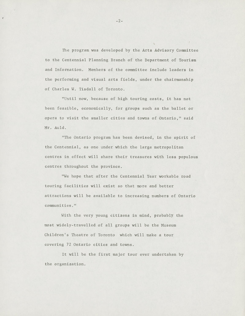 Communiqué de presse dactylographié du Festival des arts de la scène de l'Ontario, 1966, deuxième de quatre pages.