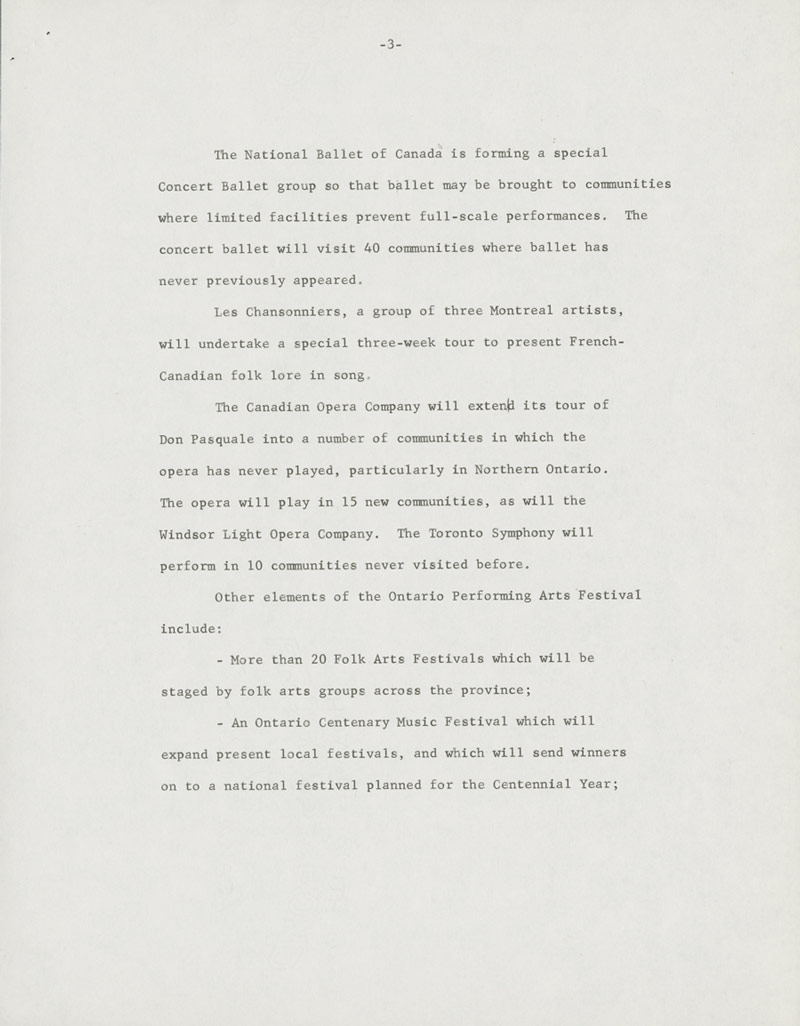 Communiqué de presse dactylographié du Festival des arts de la scène de l'Ontario, 1966, troisième de quatre pages.