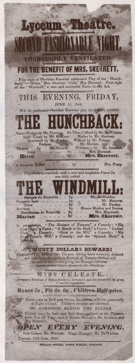 Affiche-programme annonçant les pièces The Hunchback et The Windmill au théâtre Lyceum à Toronto le 12 juin 1846