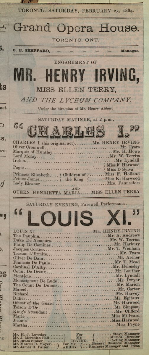 Affiche-programme des productions Charles I et Louis XI, mettant en vedette Henry Irving, au Grand Opera House de Toronto en 1884