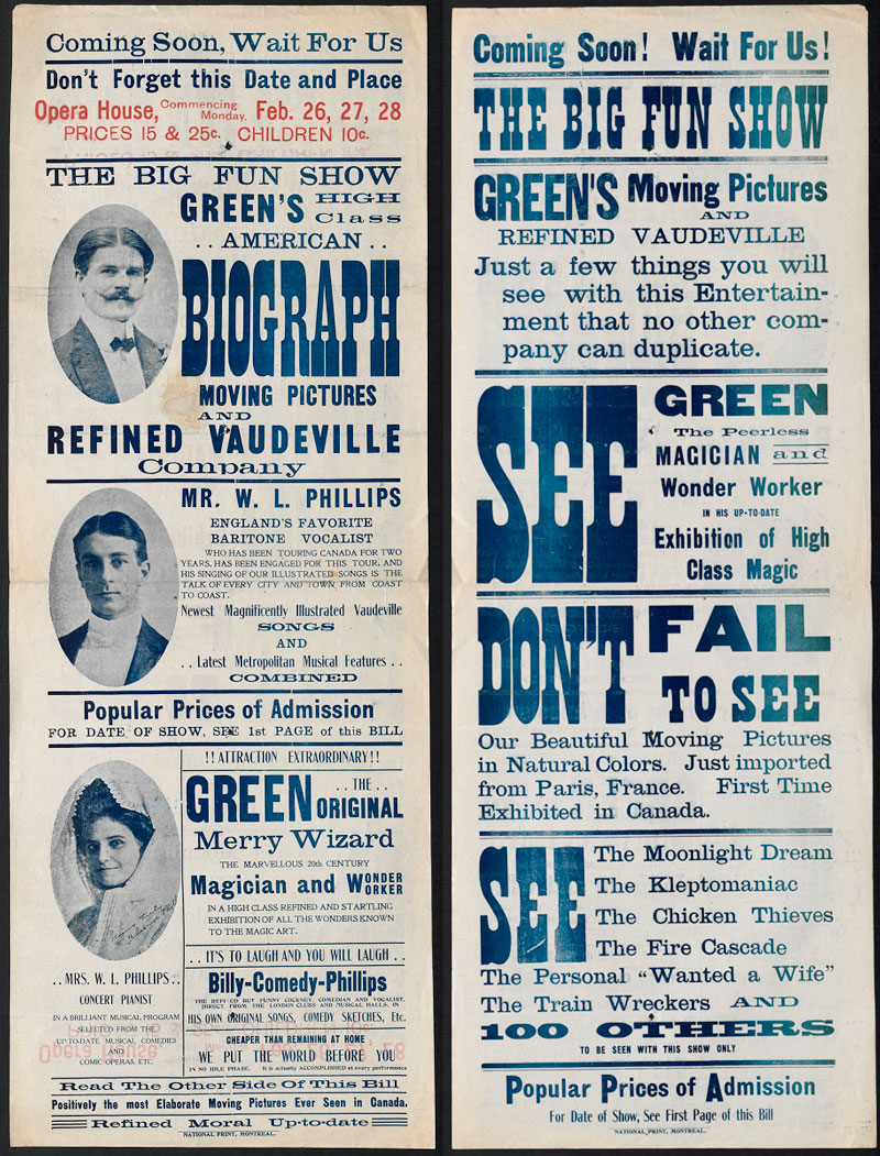 Recto et verso d’une affiche-programme publicisant les films de Green et une représentation de vaudeville raffiné