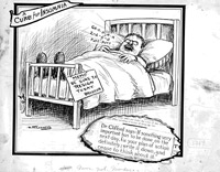 Political cartoon showing a man asleep in bed