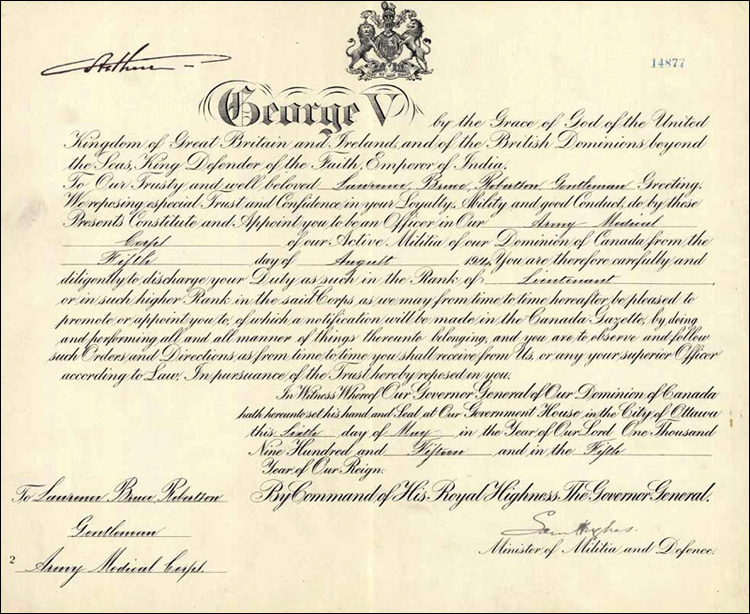 Certificate appointing Robertson to the rank of Lieutenant in the Army Medical Corps, 