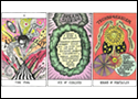 Une sélection de cartes de tarot représentant des dessins, des diagrammes et des textes multicolores