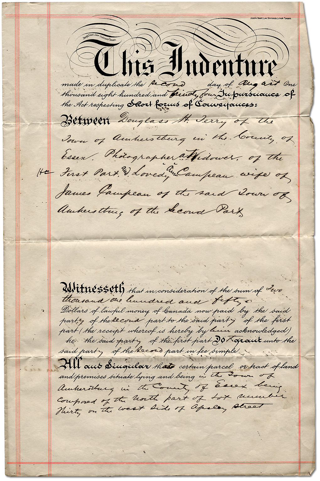 Contrat de vente d'un lot urbain Amherstburg entre Douglas Terry, Photographe et Lovedy Ann Campeau, 1894