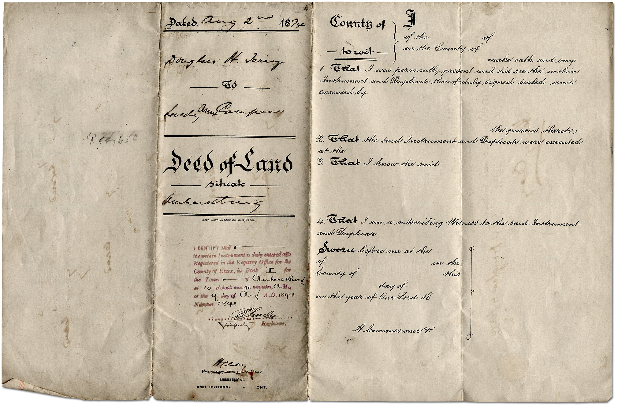 Contrat de vente d'un lot urbain à Amherstburg entre Douglas Terry, Photographe et Lovedy Ann Campeau, 1894