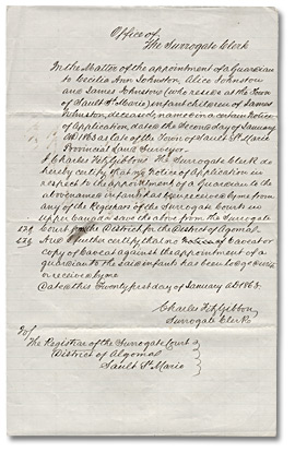 Guardianship order for Johnston children of Sault Ste. Marie, 1863