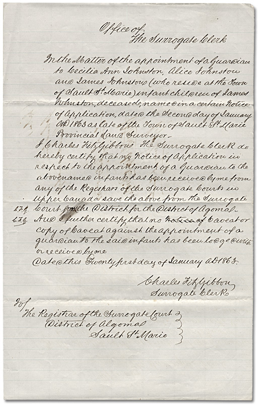Guardianship order for Johnston children of Sault Ste. Marie, 1863