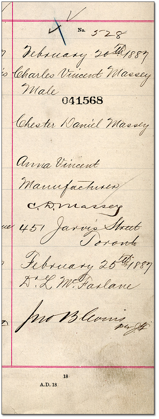 Birth registration for Charles Vincent Massey, February 20, 1887