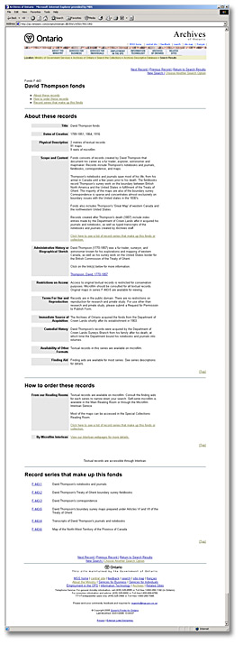 Screen Shot of David Thompson fonds in Achives Descriptive Database